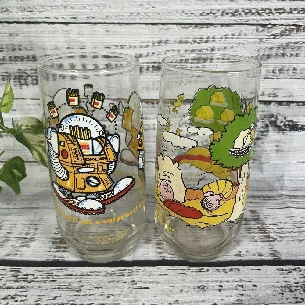 Vintage Peanuts McDonald’s Burger King Camp Snoopy Wizard Fries Glasses Set of 2 - Picture 2 of 11